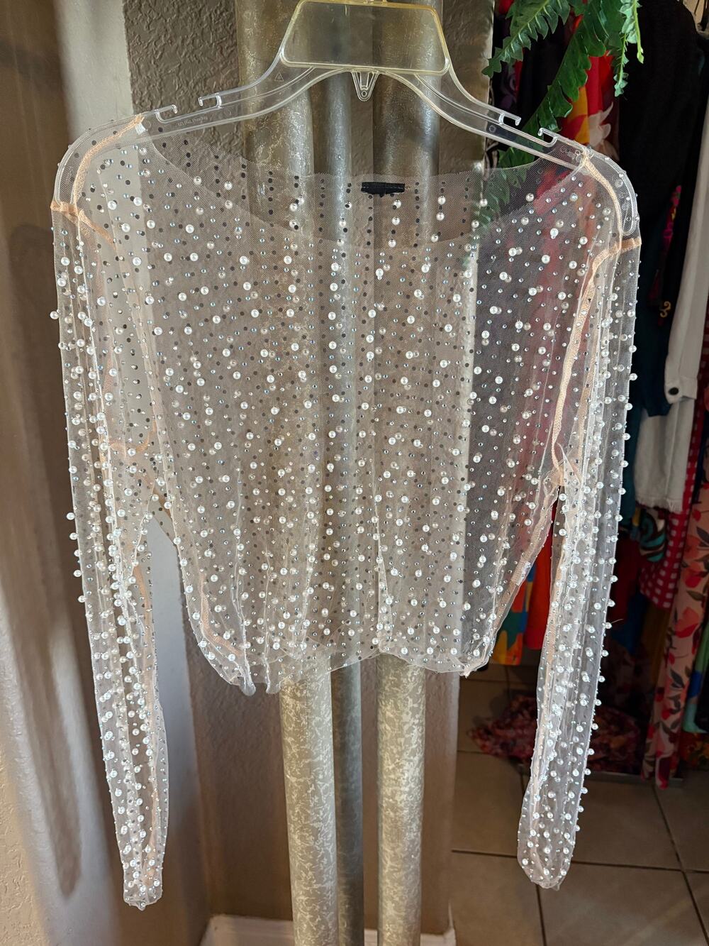 AMAZING Vintage SHEAR PEARLS AND SEQUINS ENCRUSTED BOHO ROMANCE BLOUSE TOP S/M!